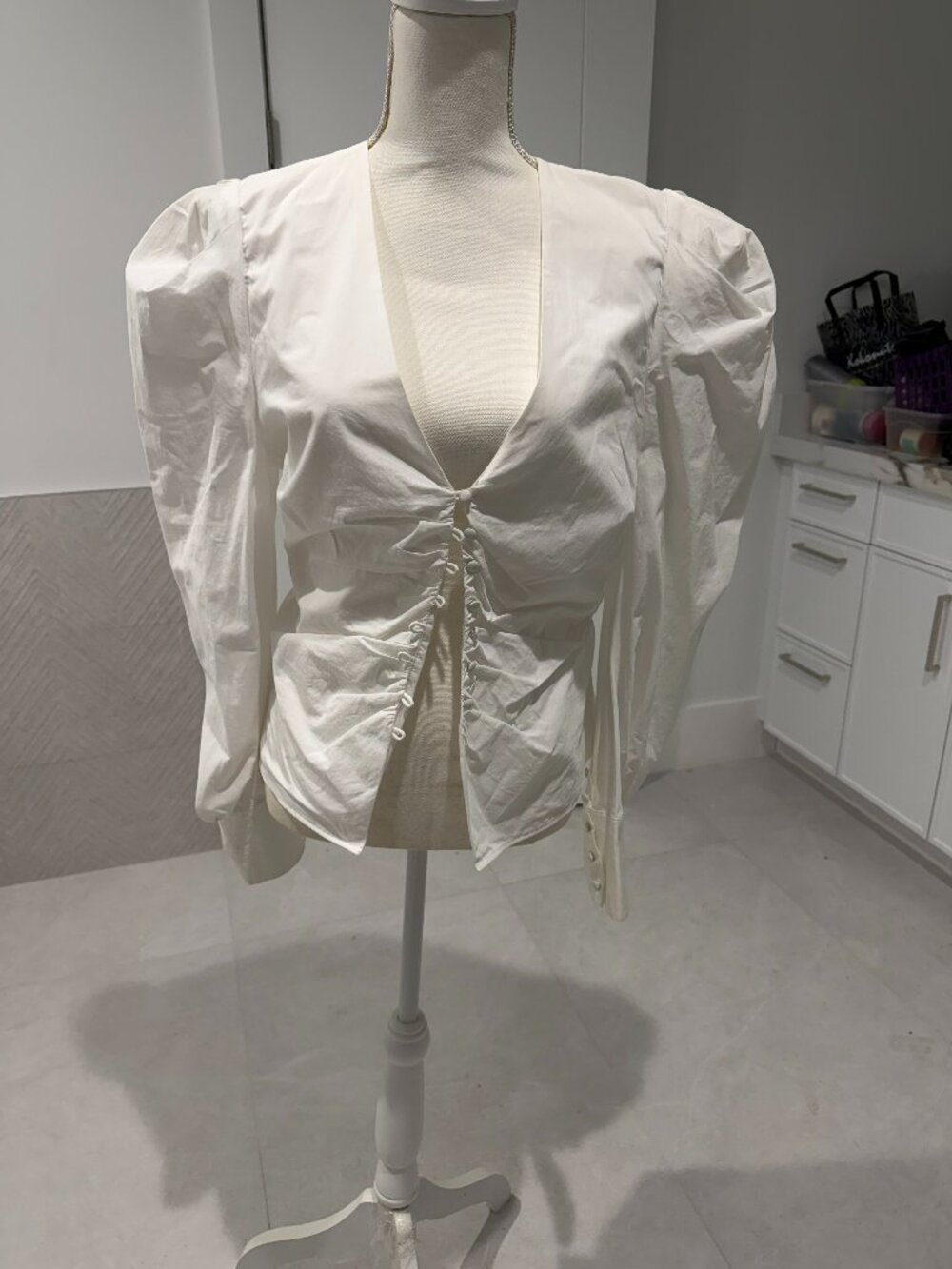 Jonathan Simkhai White Puff Sleeve Ruched Button Front Blouse Size 10